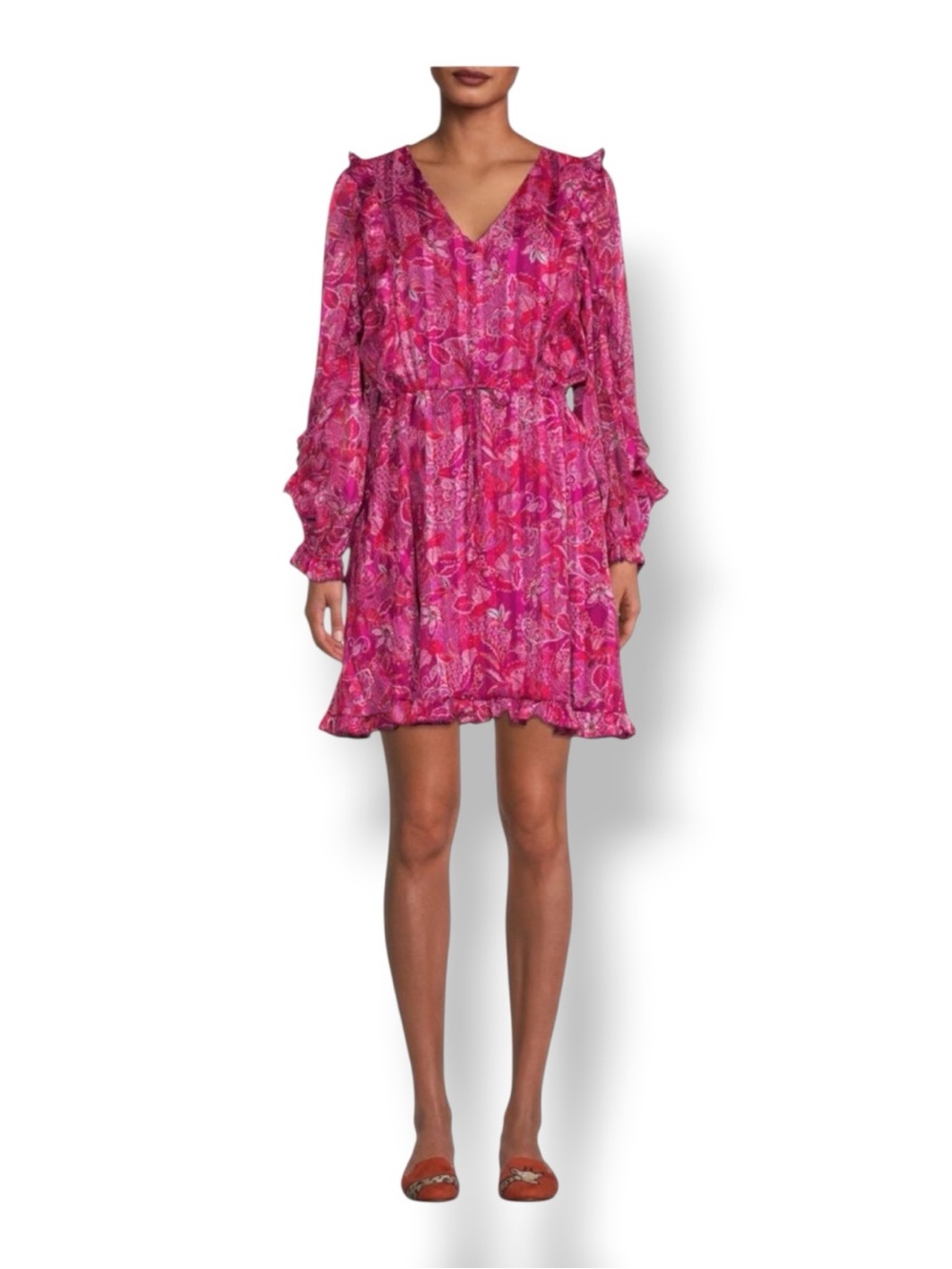 Time and Tru Women’s Long Sleeve V Neck Asymmetric Ruffle Dress, Pink, XXL(20)